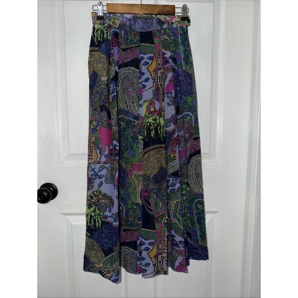 VTG Geiger Vintage Equestrian Motif Print Pleated A-Line Skirt Sz 34 Wool Blend